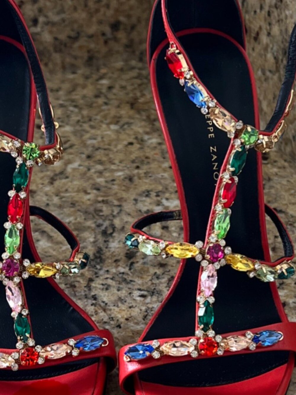Giuseppe Zanotti Red Crystal Strappy Stiletto Open Toe Leather Heels